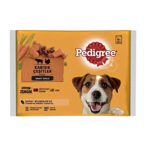 Pedigree Pouch Sığır Etli Kuzulu ve Hindili Yetişkin Köpek Konservesi 100gr (4'lü)